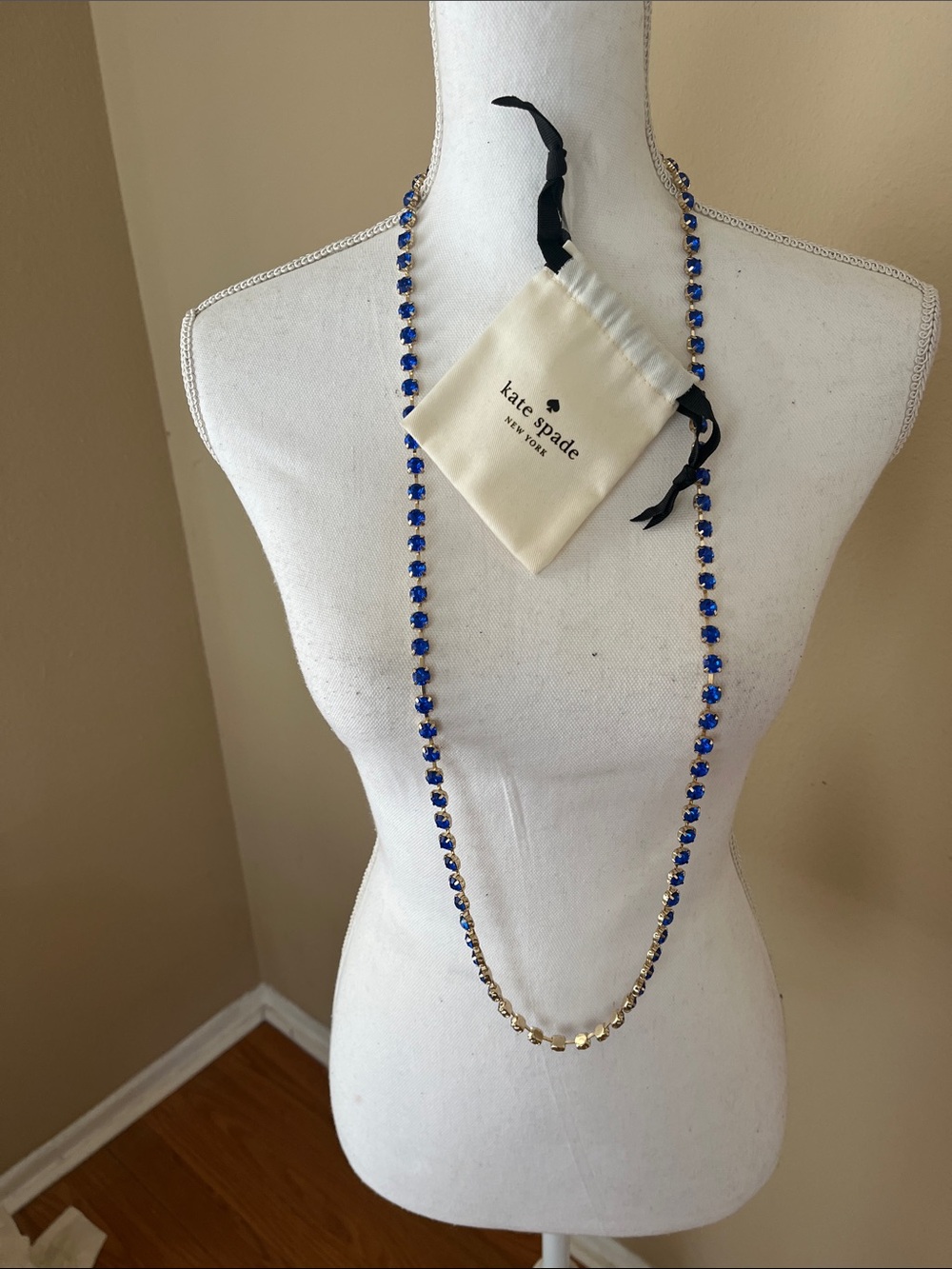 Kate Spade necklace 21” gold-tone long strand blue stones bag included
